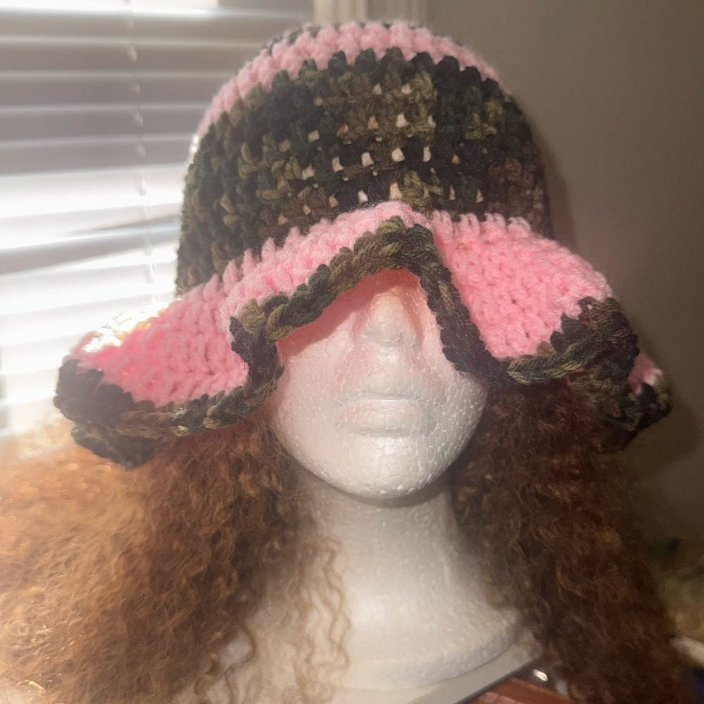 Handmade Pink and Camo Wavy Bucket Crochet Hat